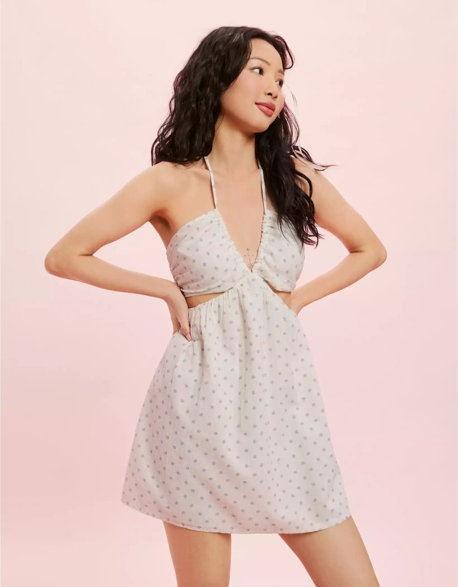 Mini Robe American Eagle AE Ruched Cut-Out Halter Blanche Femme | SYC-94774222